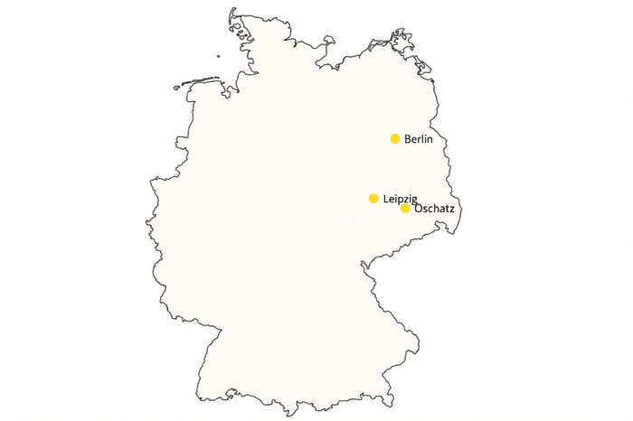 Deutschlandkarte mit markierten Einsatzgebieten Berlin, Leipzig und Oschatz